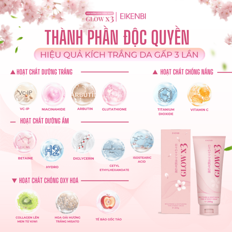 Kem dưỡng kích trắng body nâng tone Glow EIKENBI