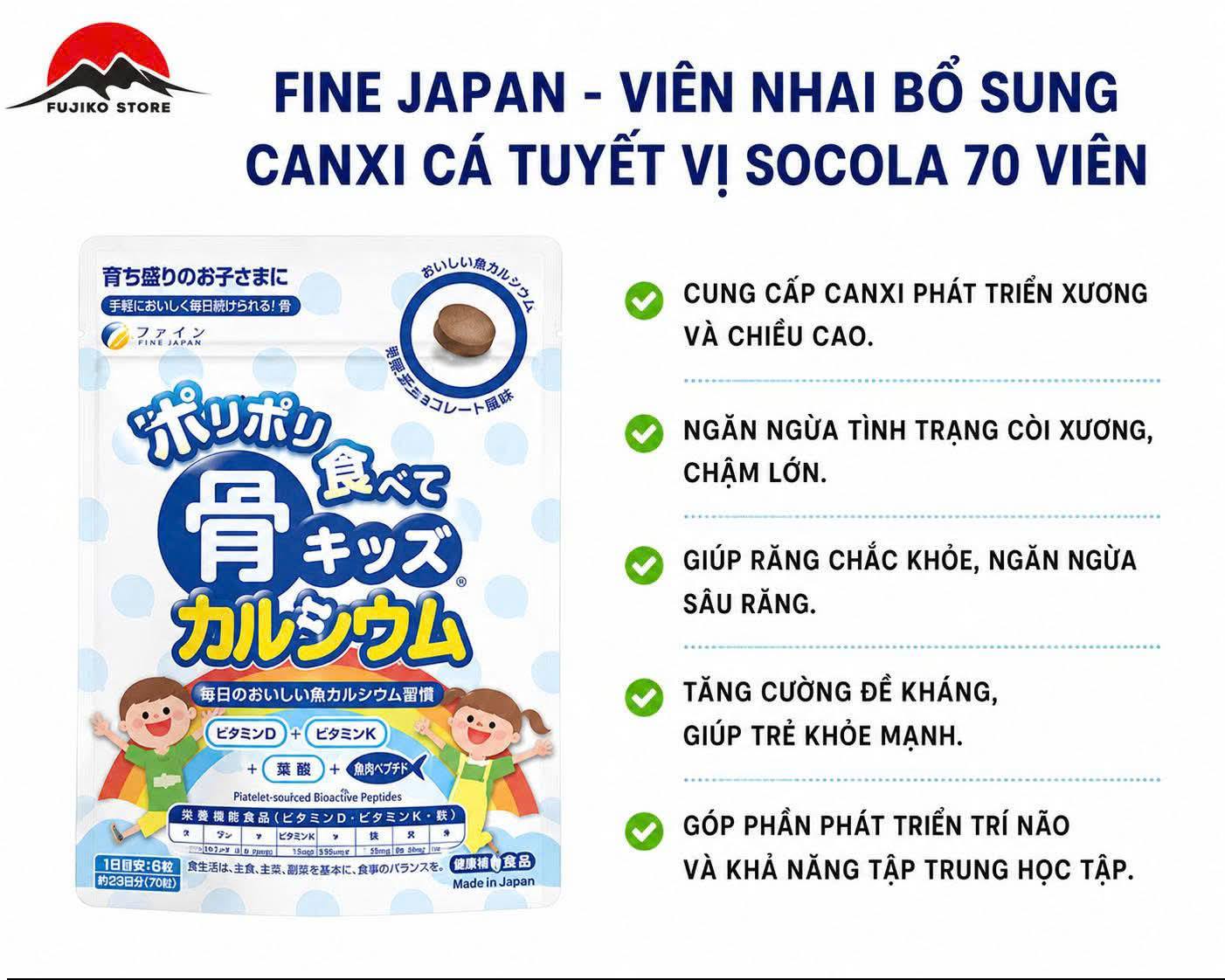 Viên Nhai Bổ Sung Canxi Cá Tuyết Vị Socola FINE JAPAN